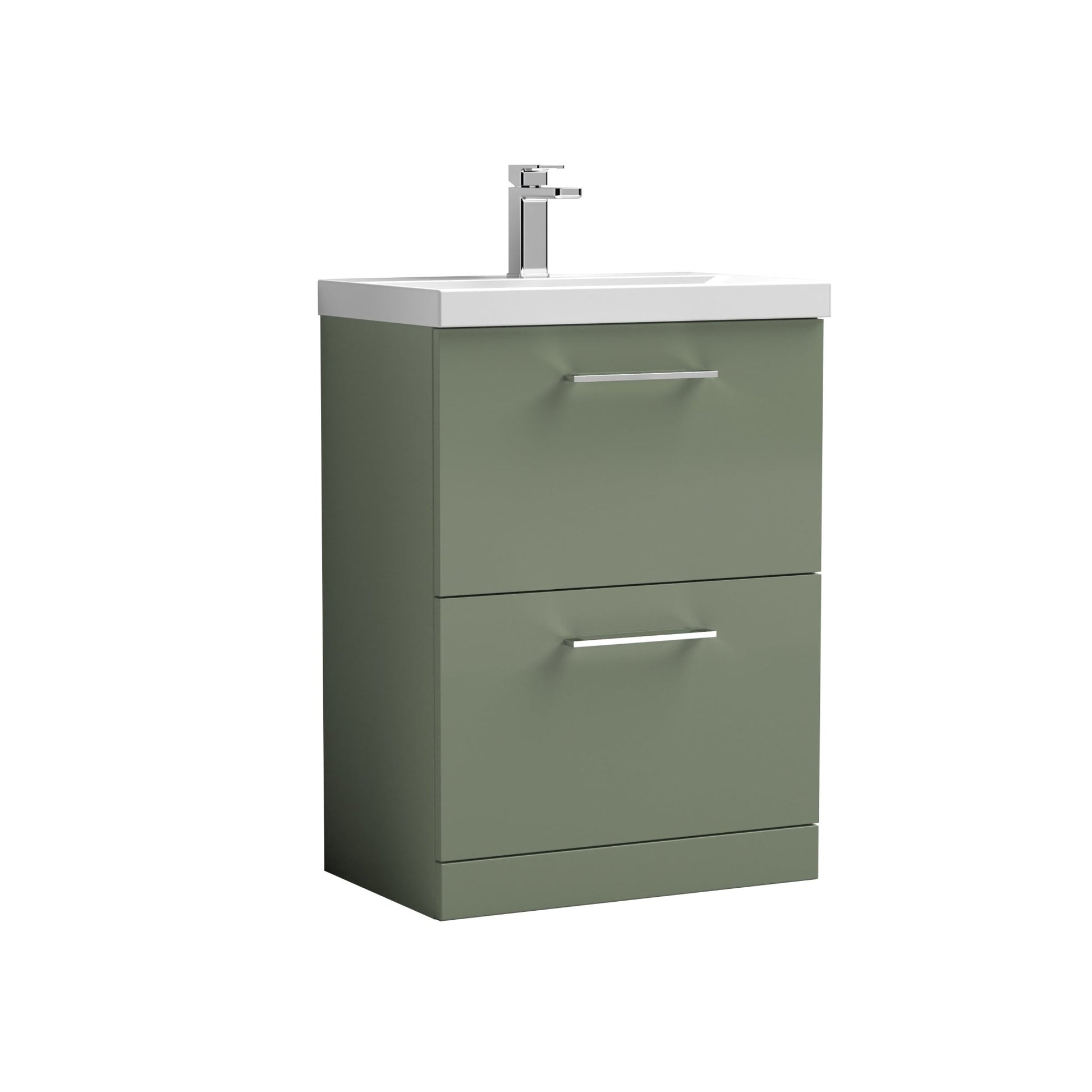 Nui Arno 600mm Floor Standing 2 Drawer Vanity & Basin 3 Contemporary Satin Green MFC 850x610x395mm - JJ Building Materials
