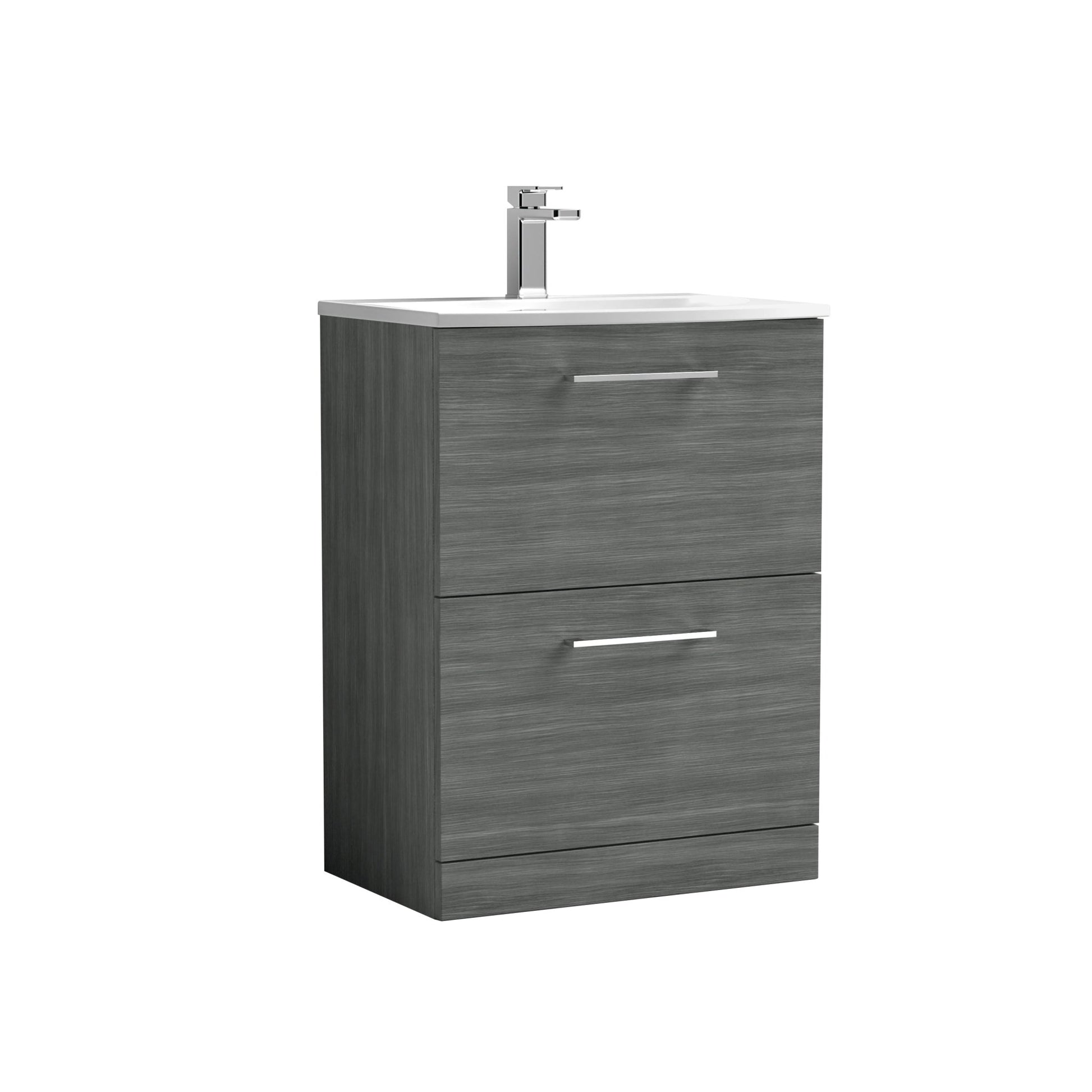 Nui Arno 600mm Floor Standing 2 Drawer Vanity & Basin 4 Contemporary Anthracite Woodgrain MFC 830x610x440mm - JJ Building Materials