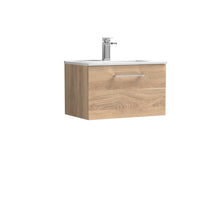 Nui Arno 600mm Wall Hung 1 - drawer Vanity & Basin 2 Contemporary Bleached Oak MFC Textured Woodgrain 377x600x390mm - JJ Building Materials