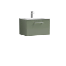 Nui Arno 600mm Wall Hung 1 Drawer Vanity & Basin 2 Contemporary Satin Green MFC Painted Matt 377x600x390mm - JJ Building Materials