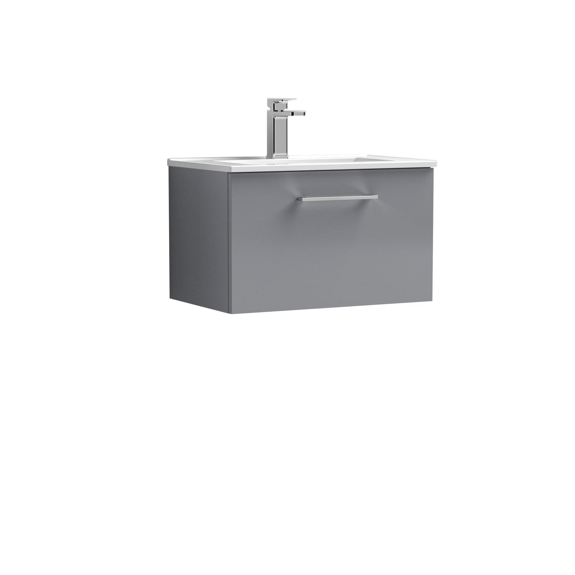 Nui Arno 600mm Wall Hung 1 Drawer Vanity & Basin 2 Contemporary Satin Grey MFC Painted Matt 377x600x390mm - JJ Building Materials