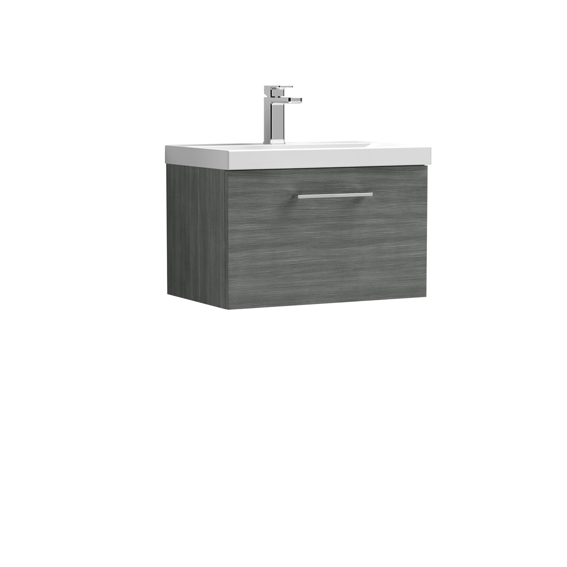 Nui Arno 600mm Wall Hung 1 Drawer Vanity & Basin 3 Contemporary Anthracite Woodgrain 409x610x395mm - JJ Building Materials