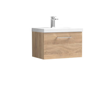 Nui Arno 600mm Wall Hung 1 - drawer Vanity & Basin 3 Contemporary Bleached Oak MFC Textured Woodgrain 409x610x395mm - JJ Building Materials