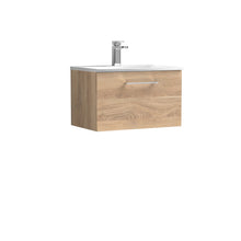Nui Arno 600mm Wall Hung 1 - drawer Vanity & Basin 4 Contemporary Bleached Oak MFC Textured Woodgrain 389x610x440mm - JJ Building Materials