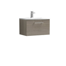 Nui Arno 600mm Wall Hung 1 Drawer Vanity & Basin 4 Contemporary Solace Oak MFC Textured Woodgrain 389x610x440mm - JJ Building Materials