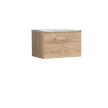 Nui Arno 600mm Wall Hung 1 - drawer Vanity & Laminate Worktop Contemporary Bleached Oak MFC Textured Woodgrain 381x605x390mm - ARN3022LBG - JJ Building Materials