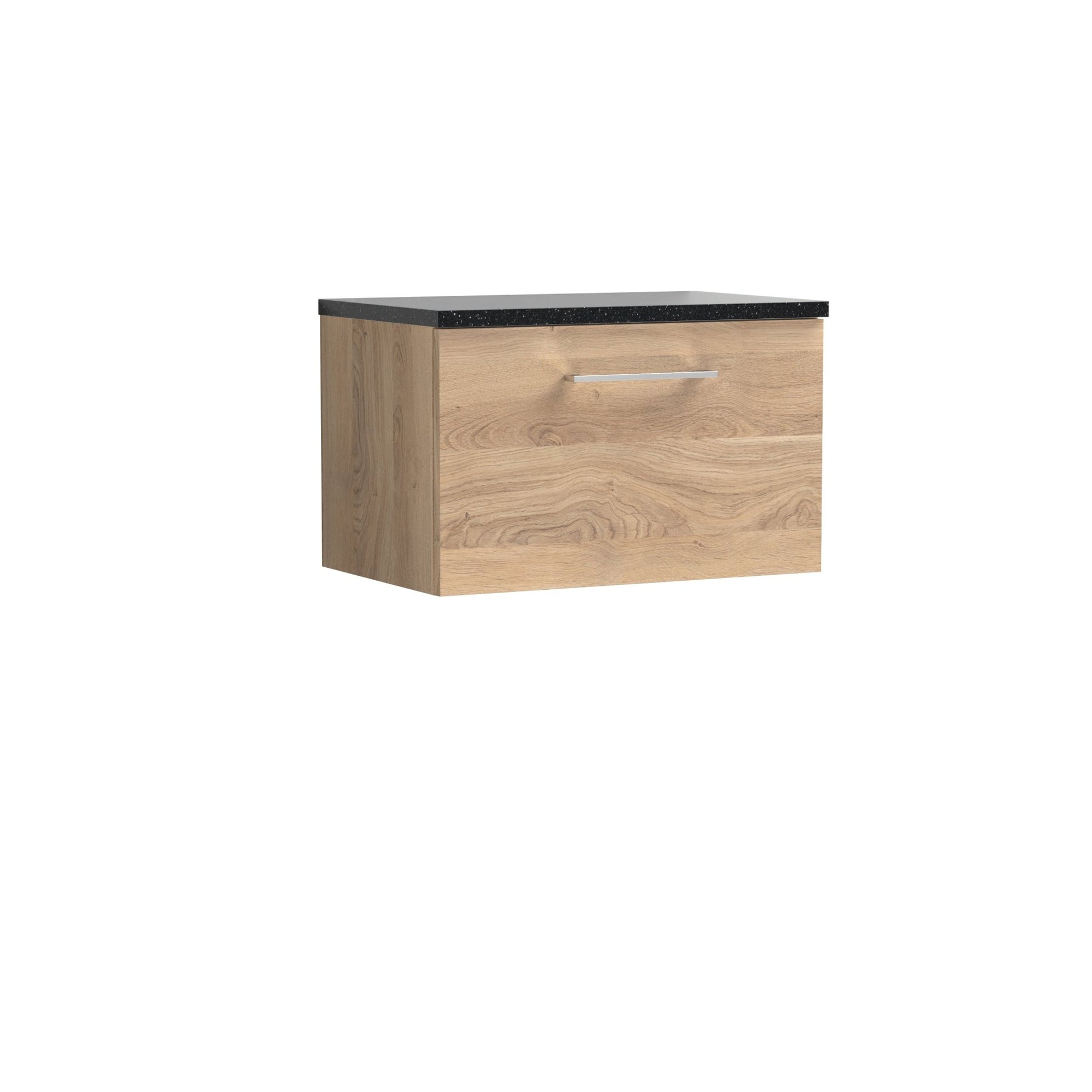 Nui Arno 600mm Wall Hung 1 - drawer Vanity & Laminate Worktop Contemporary Bleached Oak MFC Textured Woodgrain 381x605x390mm - ARN3022LSB - JJ Building Materials
