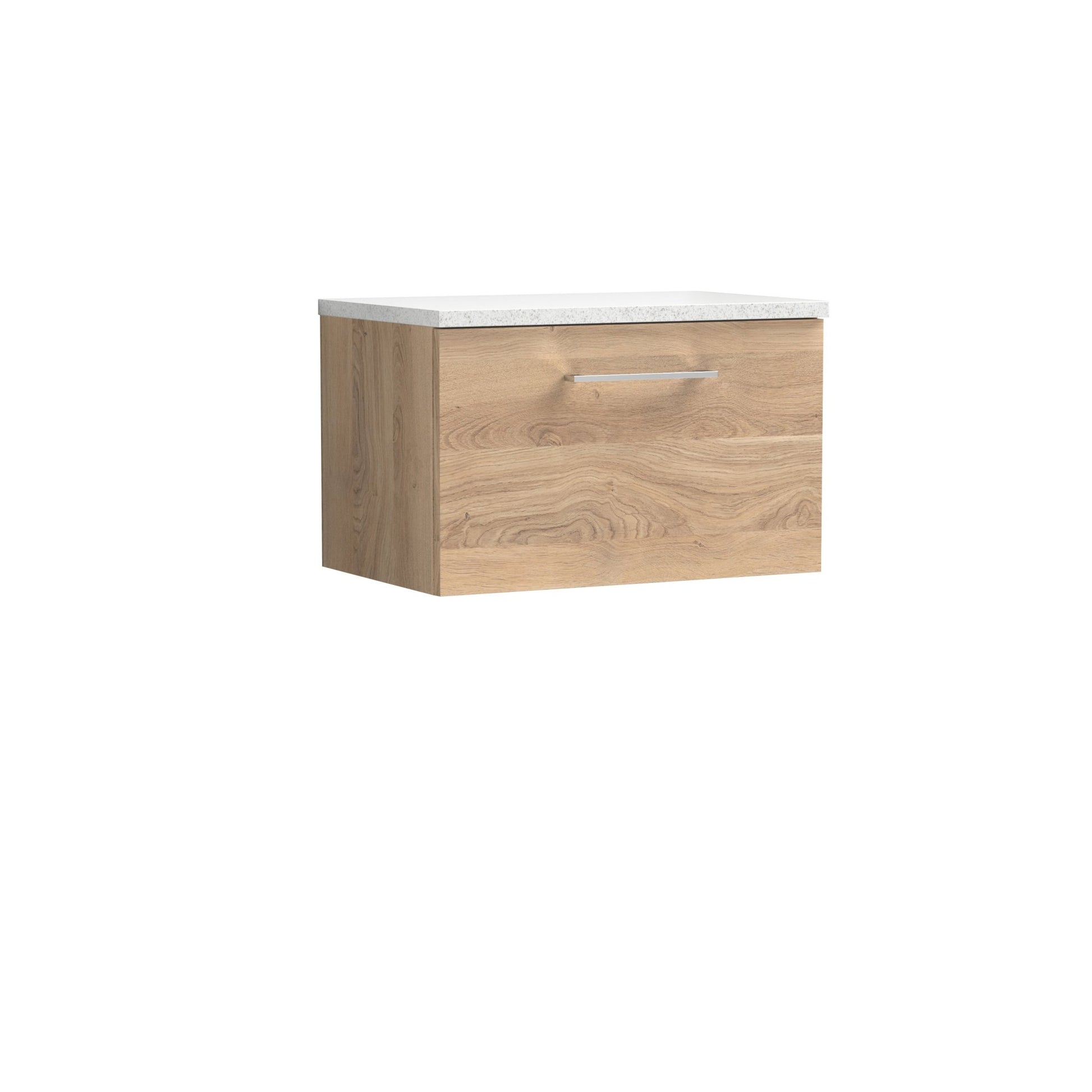 Nui Arno 600mm Wall Hung 1 - drawer Vanity & Laminate Worktop Contemporary Bleached Oak MFC Textured Woodgrain 381x605x390mm - ARN3022LSW - JJ Building Materials