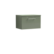 Nui Arno 600mm Wall Hung 1 Drawer Vanity & Worktop Contemporary Satin Green MFC Painted Matt 377x605x390mm - JJ Building Materials
