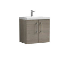 Nui Arno 600mm Wall Hung 2 Door Vanity & Basin 1 Contemporary Solace Oak MFC Textured Woodgrain 579x610x390mm - JJ Building Materials