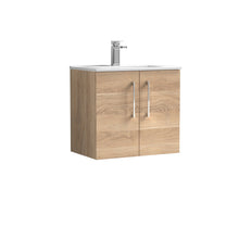 Nui Arno 600mm Wall Hung 2 - door Vanity & Basin 2 Contemporary Bleached Oak MFC Textured Woodgrain 558x600x390mm - JJ Building Materials