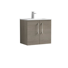 Nui Arno 600mm Wall Hung 2 Door Vanity & Basin 2 Contemporary Solace Oak MFC Textured Woodgrain 557x600x390mm - JJ Building Materials