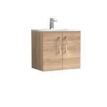 Nui Arno 600mm Wall Hung 2 - door Vanity & Basin 4 Contemporary Bleached Oak MFC Textured Woodgrain 570x610x440mm - JJ Building Materials