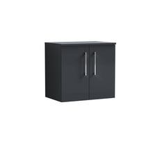 Nui Arno 600mm Wall Hung 2 Door Vanity & Worktop Contemporary Soft Black MFC Painted Matt 557x600x383mm - JJ Building Materials