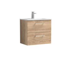 Nui Arno 600mm Wall Hung 2 - drawer Vanity & Basin 2 Contemporary Bleached Oak MFC Textured Woodgrain 558x600x390mm - JJ Building Materials