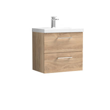 Nui Arno 600mm Wall Hung 2 - drawer Vanity & Basin 3 Contemporary Bleached Oak MFC Textured Woodgrain 590x610x395mm - JJ Building Materials