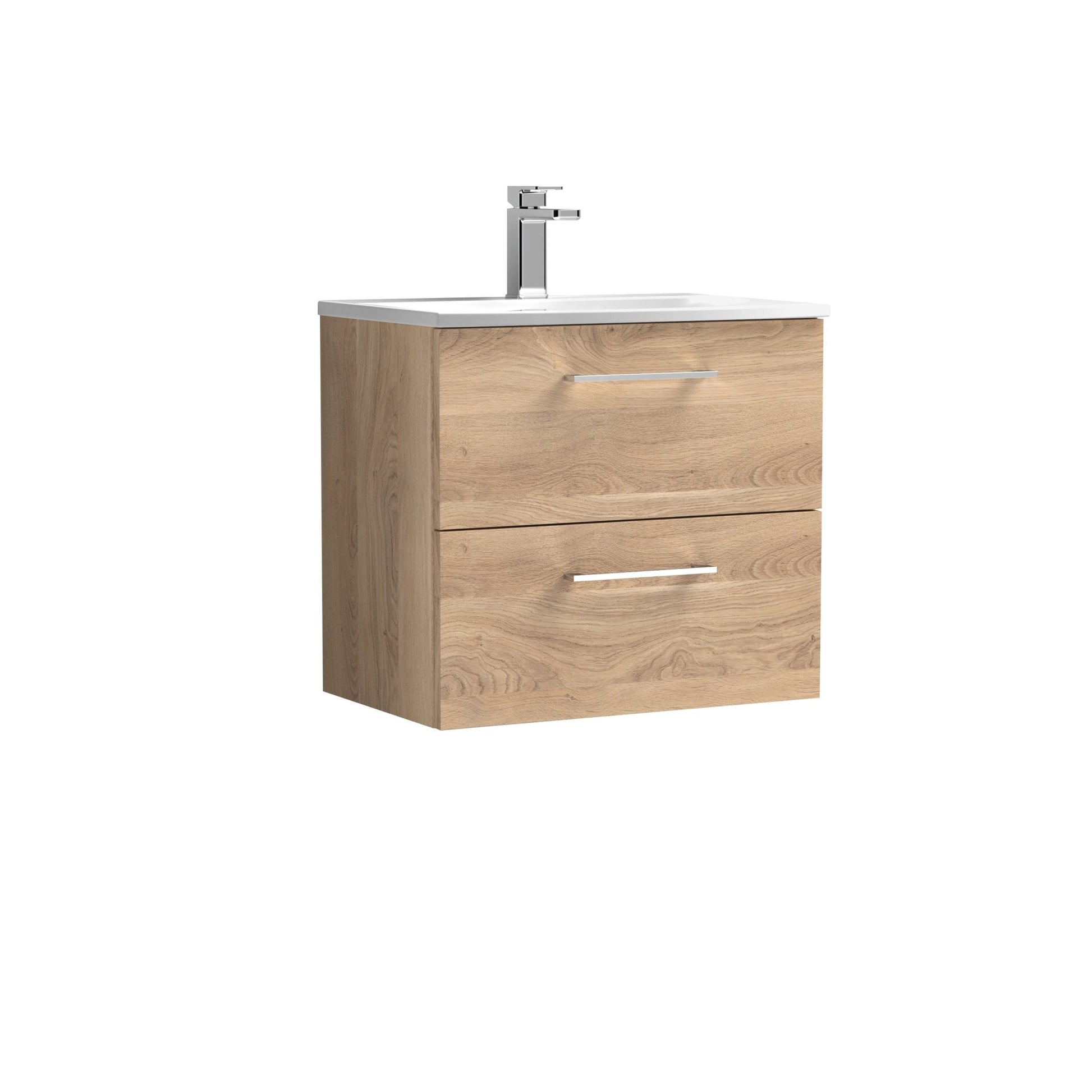 Nui Arno 600mm Wall Hung 2 - drawer Vanity & Basin 4 Contemporary Bleached Oak MFC Textured Woodgrain 570x610x440mm - JJ Building Materials