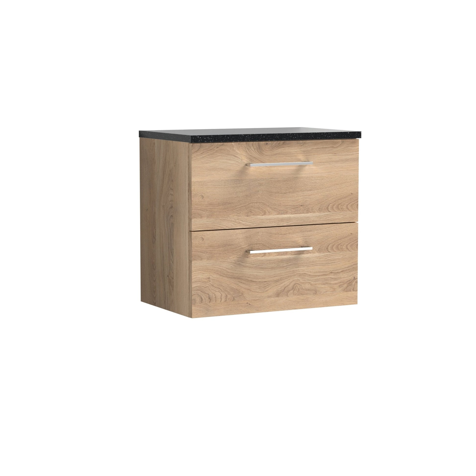 Nui Arno 600mm Wall Hung 2 - drawer Vanity & Laminate Worktop Contemporary Bleached Oak MFC Textured Woodgrain 562x605x390mm - ARN3024LSB - JJ Building Materials