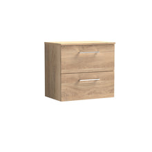 Nui Arno 600mm Wall Hung 2 - drawer Vanity & Worktop Contemporary Bleached Oak MFC Textured Woodgrain 558x605x390mm - JJ Building Materials