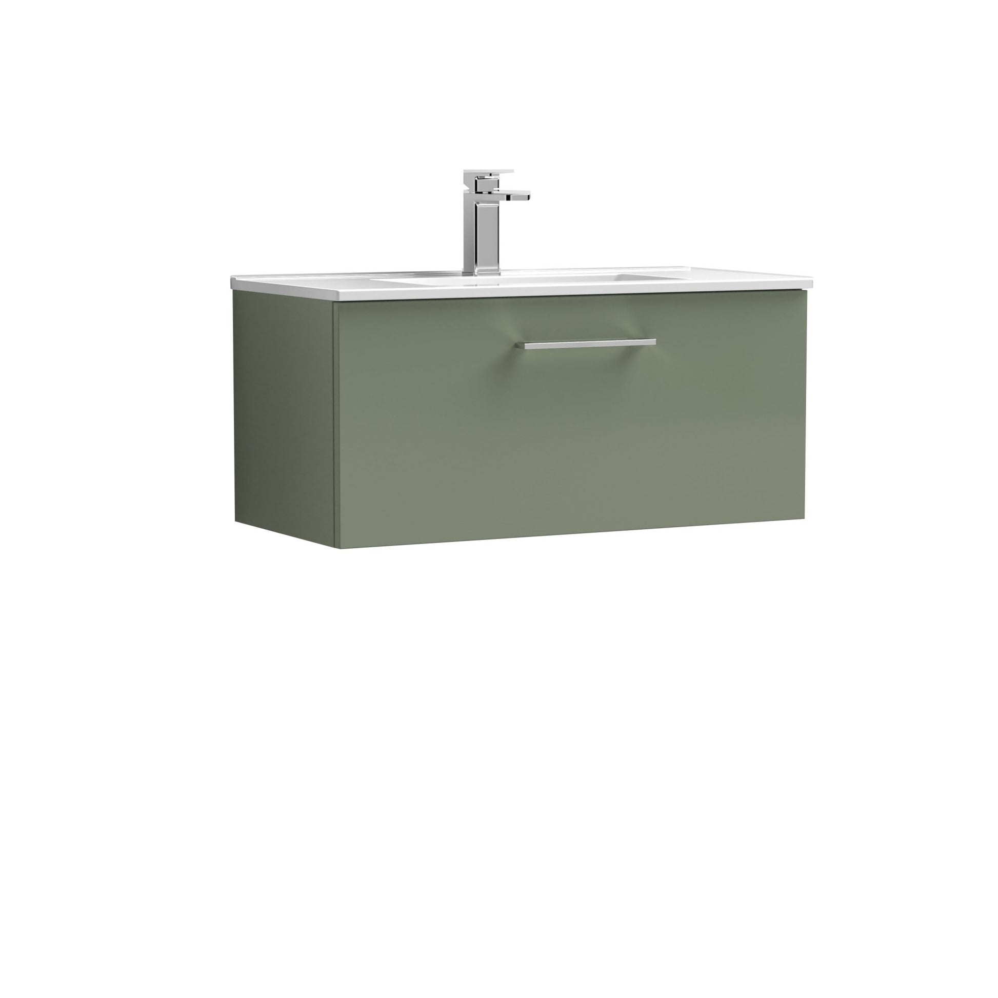 Nui Arno 800mm Wall Hung 1 Drawer Vanity & Basin 2 Contemporary Satin Green MFC Painted Matt 377x800x390mm - JJ Building Materials