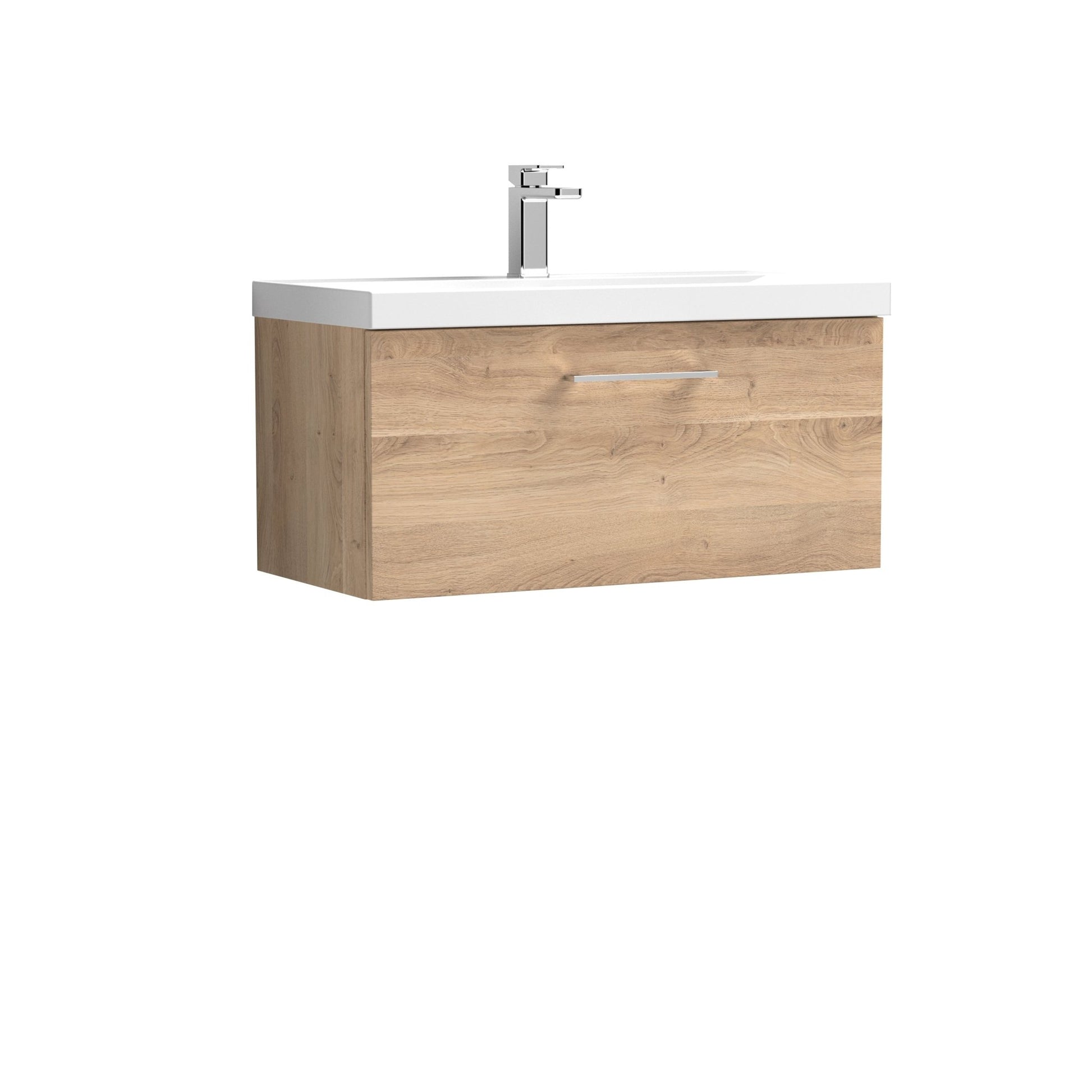 Nui Arno 800mm Wall Hung 1 - drawer Vanity & Basin 3 Contemporary Bleached Oak MFC Textured Woodgrain 409x810x395mm - JJ Building Materials