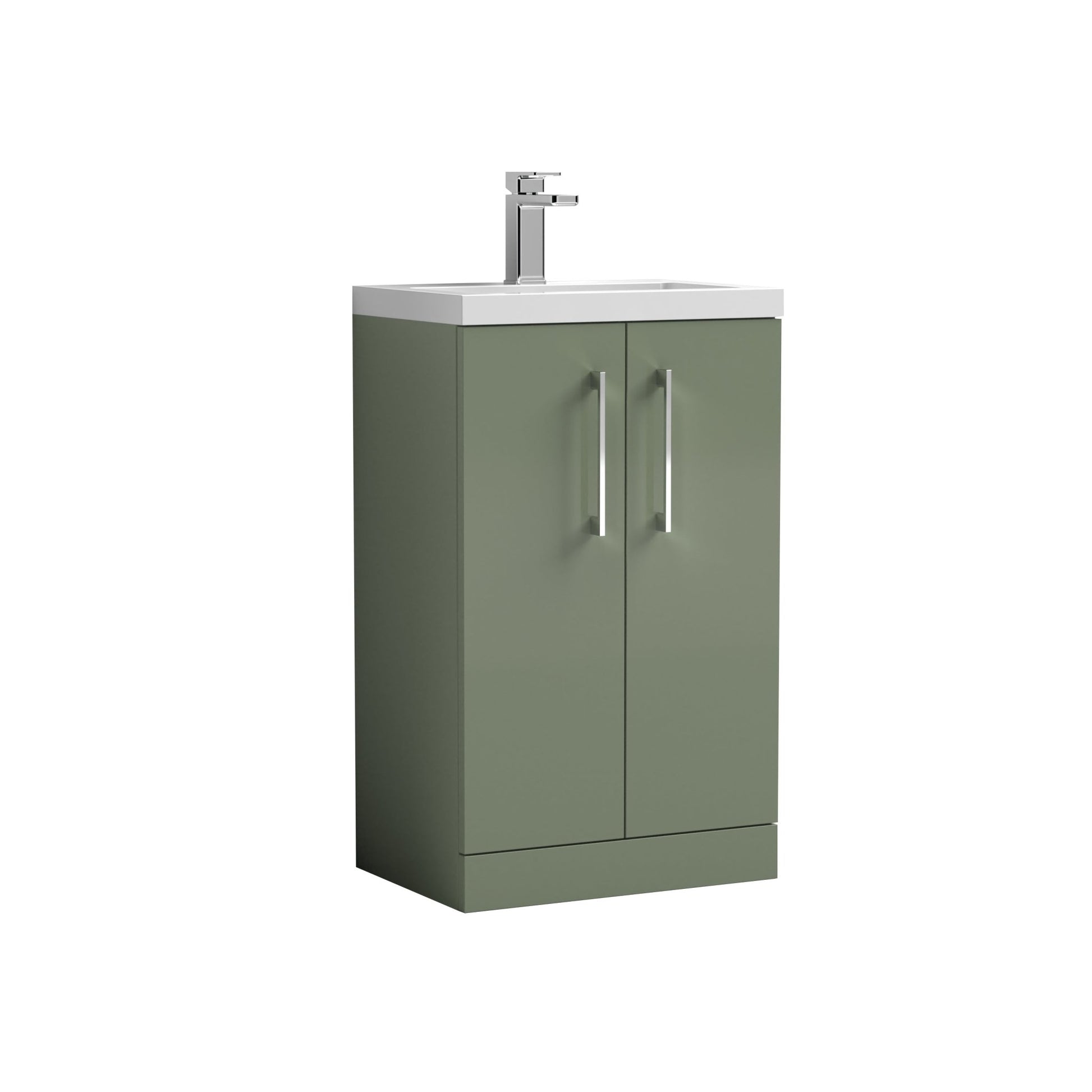 Nui Arno Compact 500mm Floor Standing 2 Door Vanity & Ceramic Basin Contemporary Satin Green MFC Painted Matt 840x510x360mm - JJ Building Materials