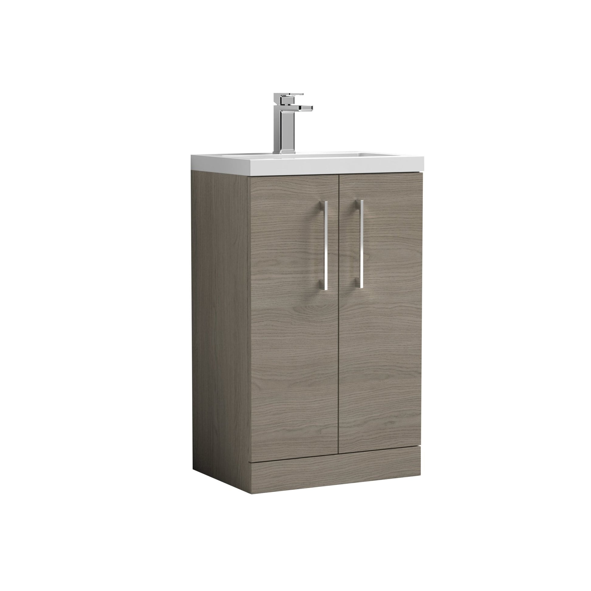 Nui Arno Compact 500mm Floor Standing 2 Door Vanity & Ceramic Basin Contemporary Solace Oak MFC Textured Woodgrain 840x510x360mm - JJ Building Materials