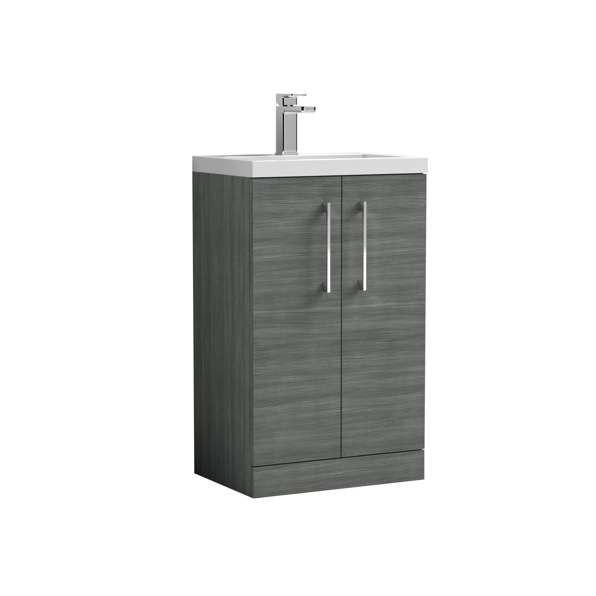 Nui Arno Compact 500mm Floor Standing 2 Door Vanity & Polymarble Basin Contemporary Anthracite Woodgrain MFC Textured Woodgrain 840x503x353mm - JJ Building Materials