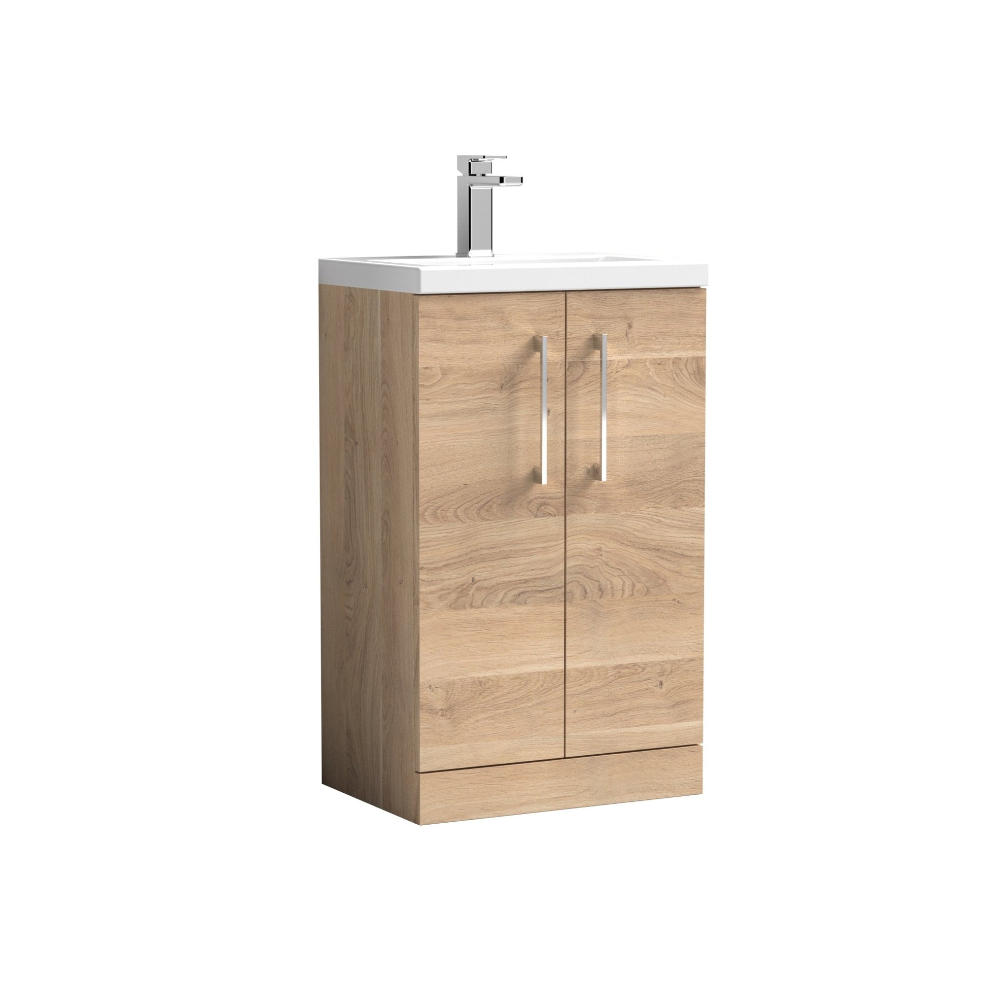Nui Arno Compact 500mm Floor Standing 2 - door Vanity & Polymarble Basin Contemporary Bleached Oak MFC Textured Woodgrain 840x503x353mm - JJ Building Materials