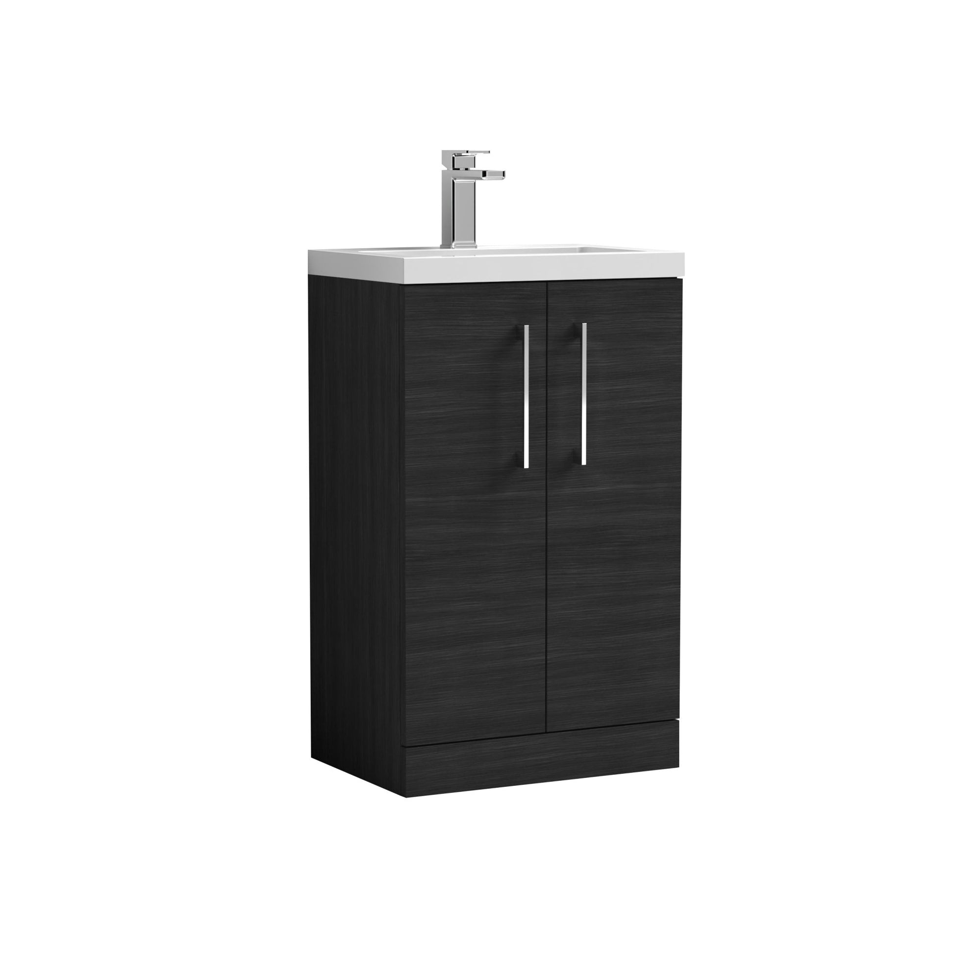 Nui Arno Compact 500mm Floor Standing 2 Door Vanity & Polymarble Basin Contemporary Charcoal Black MFC Textured Woodgrain 840x603x353mm - JJ Building Materials