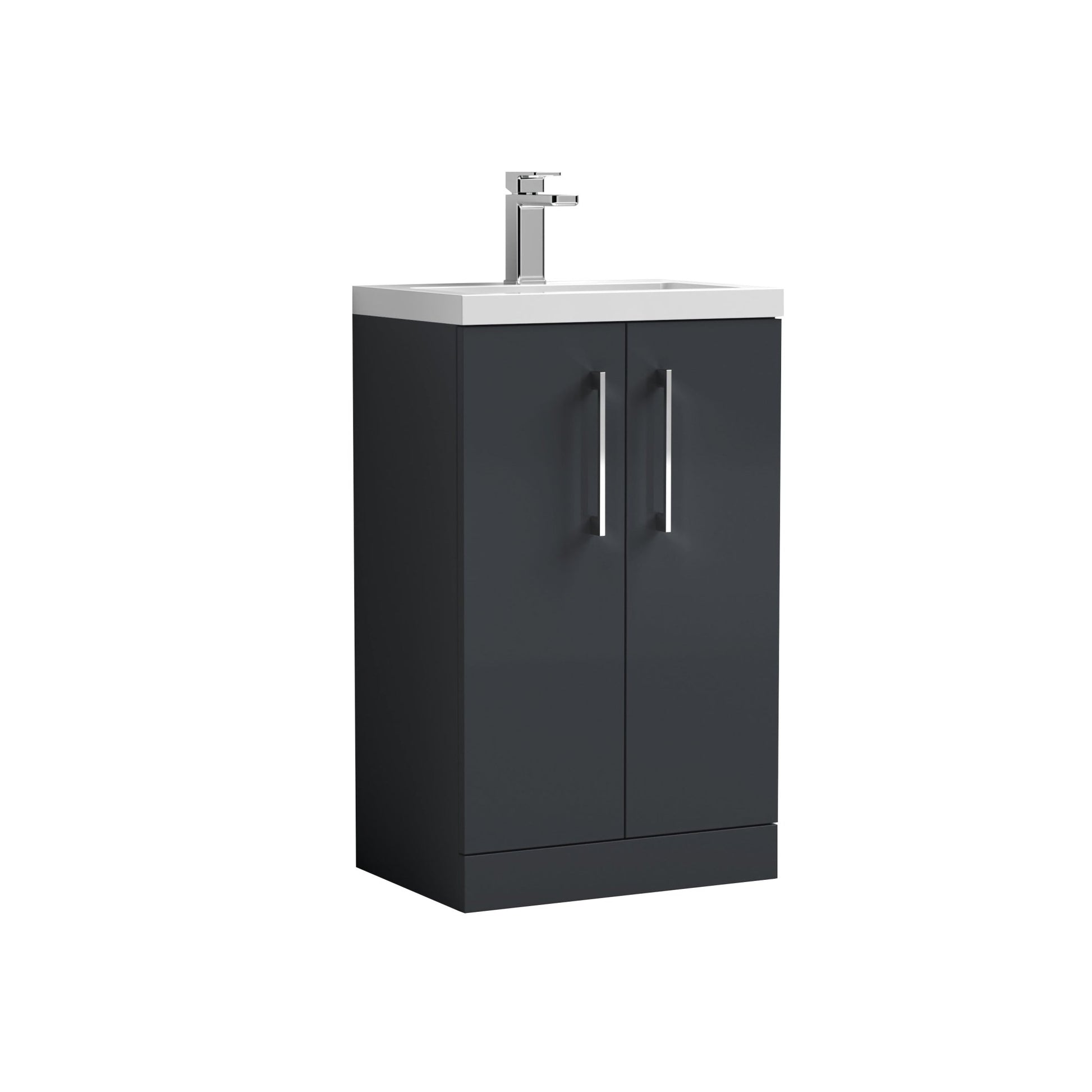 Nui Arno Compact 500mm Floor Standing 2 - door Vanity & Polymarble Basin Contemporary Soft Black MFC Painted Matt 840x505x360mm - JJ Building Materials
