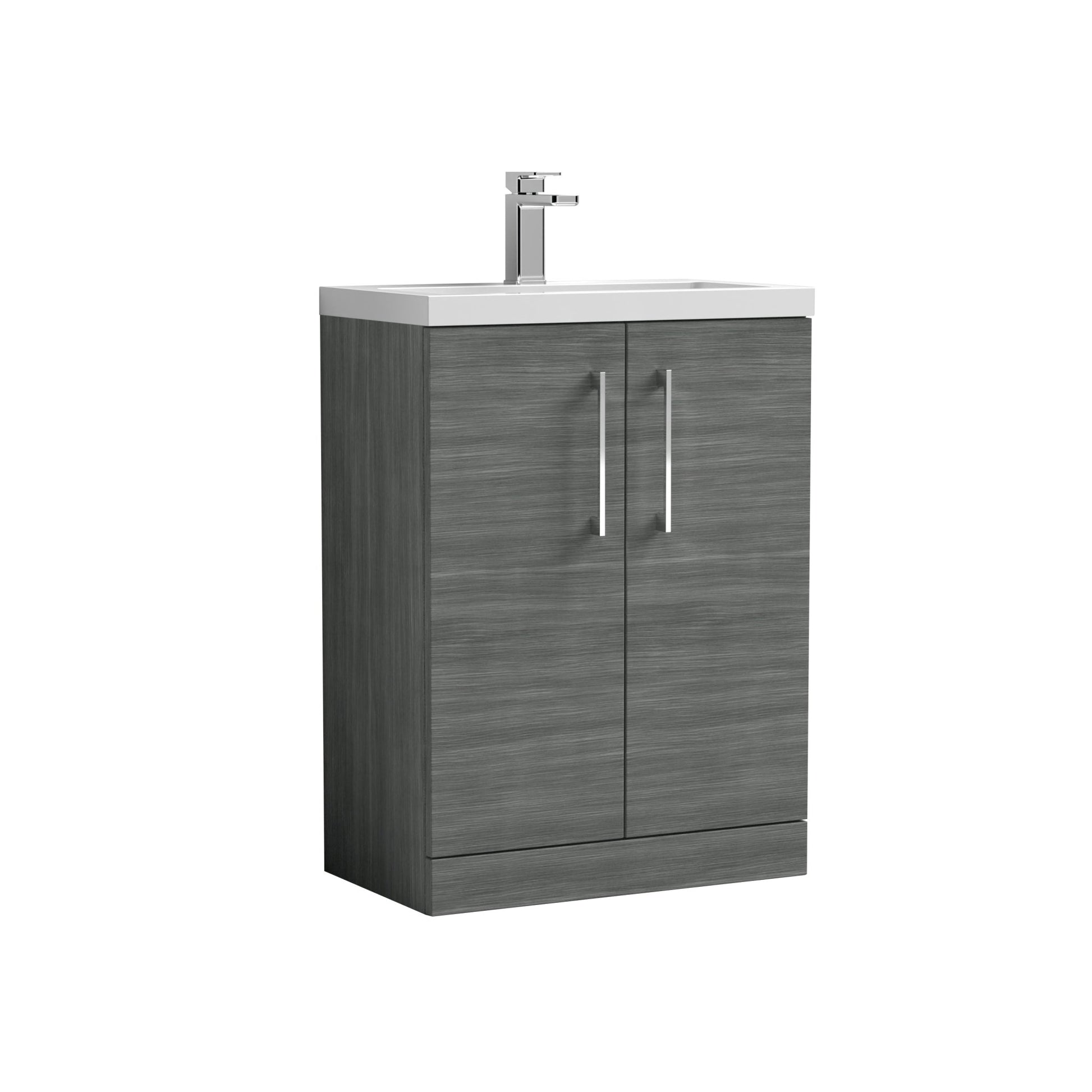 Nui Arno Compact 600mm Floor Standing 2 Door Vanity & Ceramic Basin Contemporary Anthracite Woodgrain MFC Textured Woodgrain 840x510x360mm - JJ Building Materials