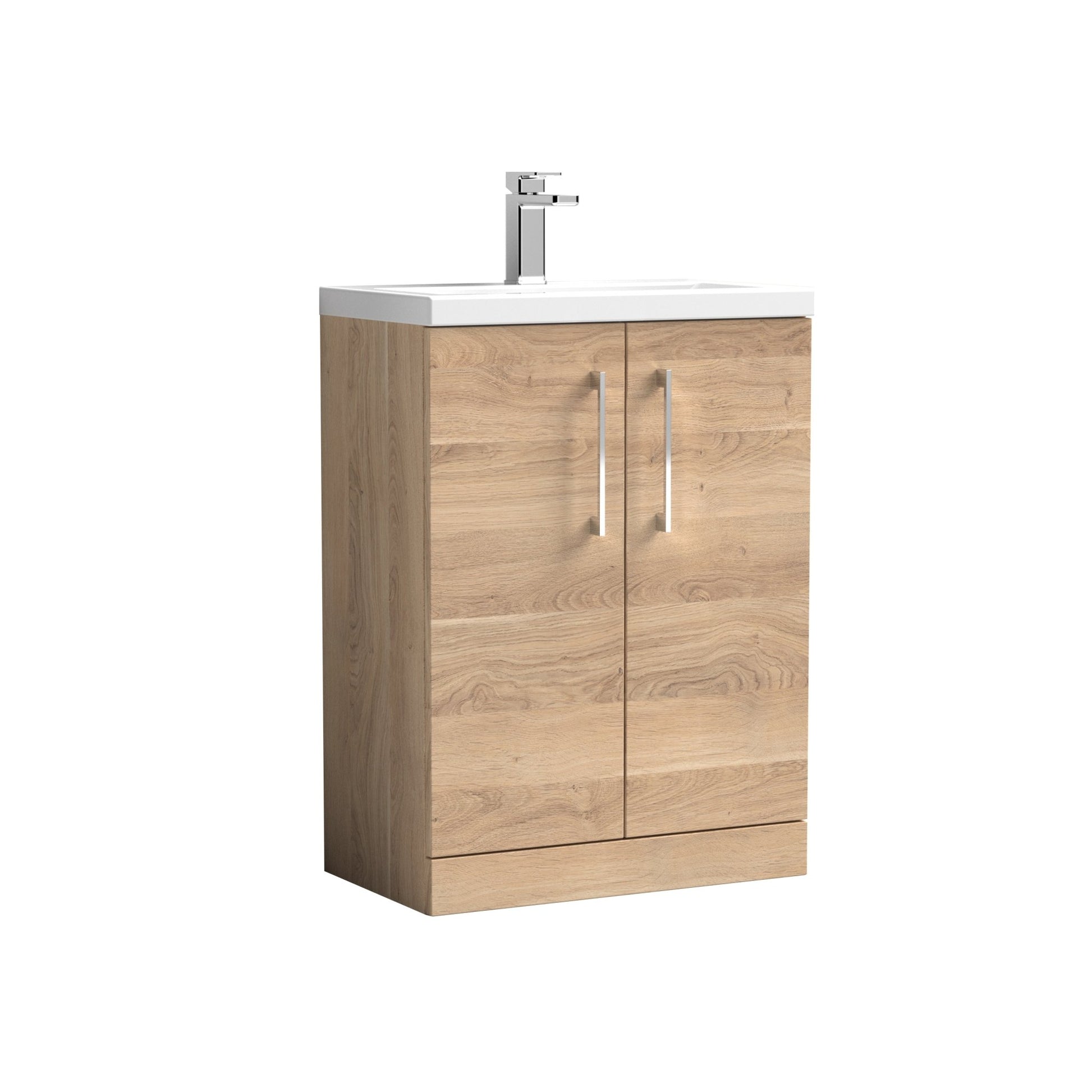 Nui Arno Compact 600mm Floor Standing 2 - door Vanity & Ceramic Basin Contemporary Bleached Oak MFC Textured Woodgrain 840x620x370mm - JJ Building Materials