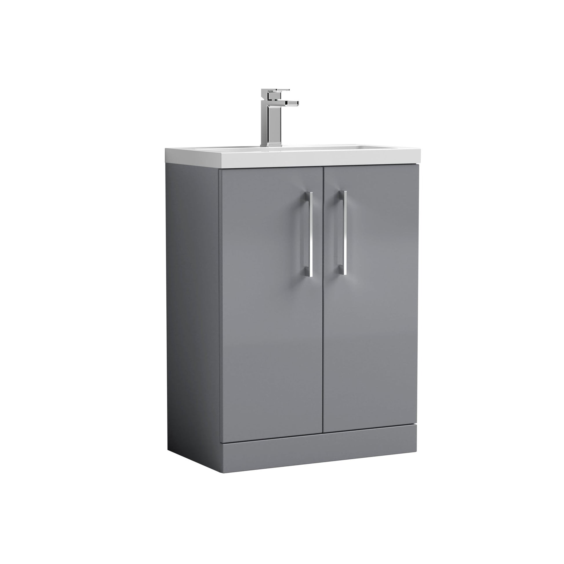 Nui Arno Compact 600mm Floor Standing 2 - door Vanity & Polymarble Basin Contemporary Satin Grey MFC Painted Matt 840x605x360mm - JJ Building Materials