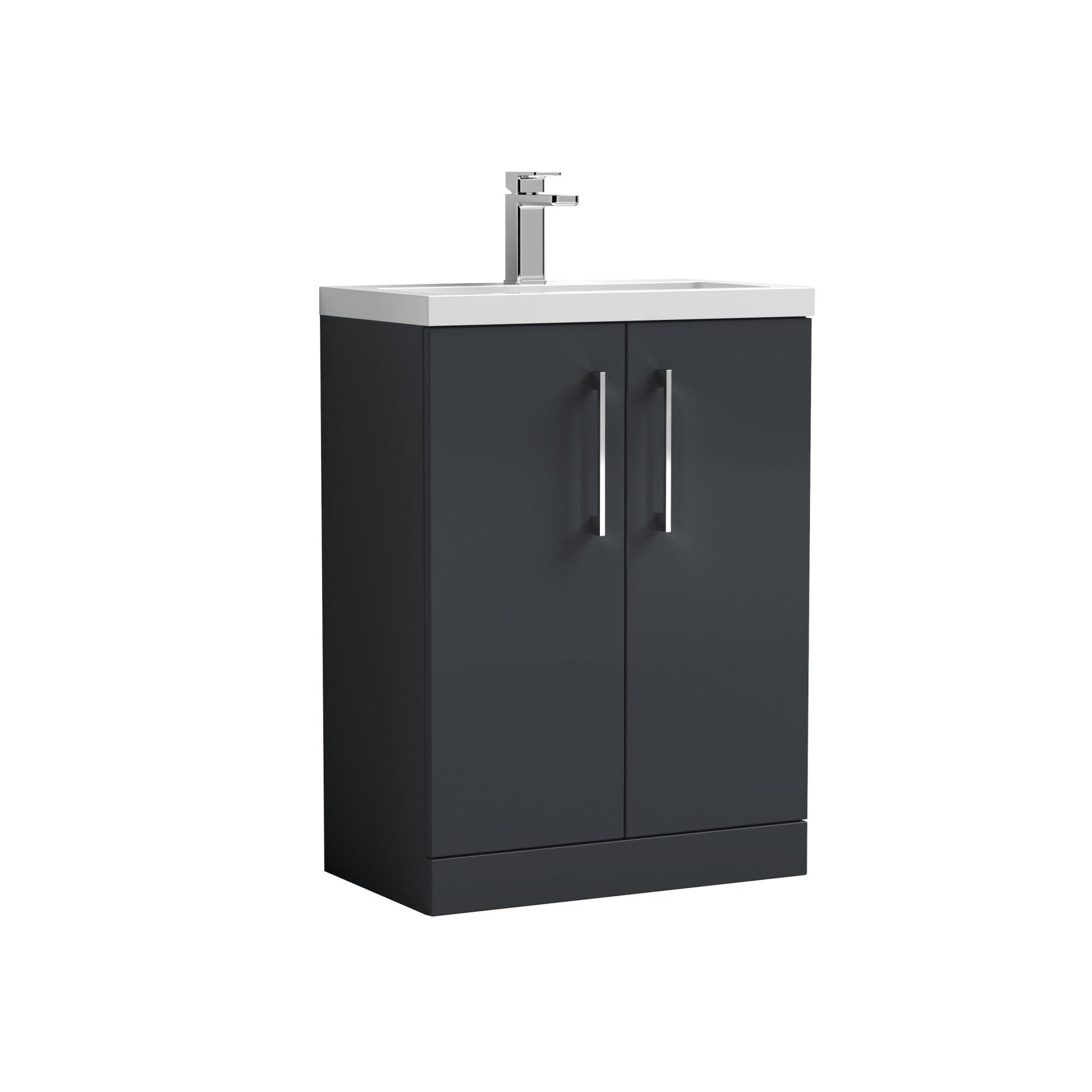 Nui Arno Compact 600mm Floor Standing 2 - door Vanity & Polymarble Basin Contemporary Soft Black MFC Painted Matt 840x605x360mm - JJ Building Materials