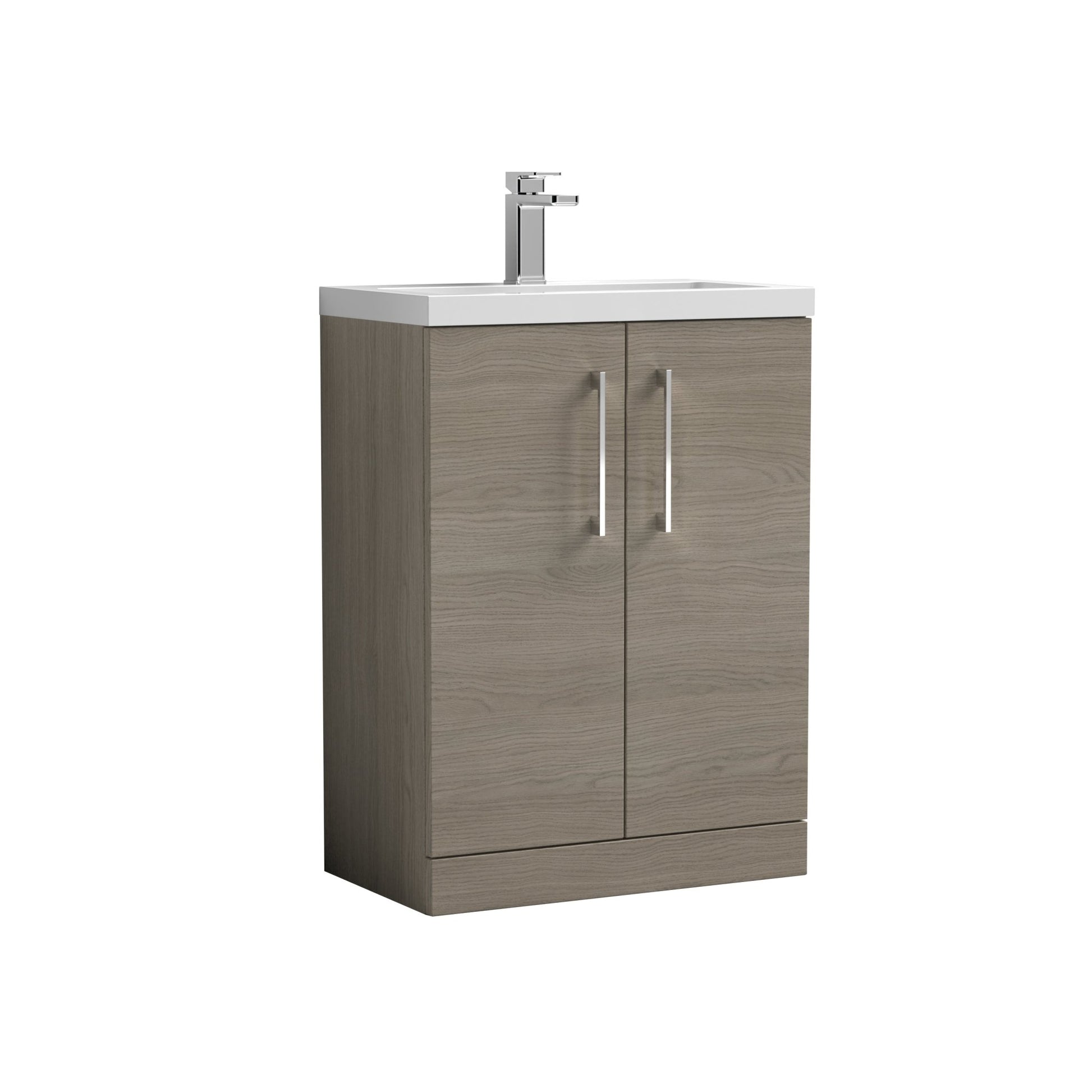 Nui Arno Compact 600mm Floor Standing 2 Door Vanity & Polymarble Basin Contemporary Solace Oak MFC Textured Woodgrain 840x603x353mm - JJ Building Materials