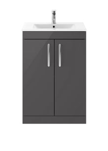 Nui Athena 600mm Floor Standing Cabinet With Basin 2 Contemporary Gloss Grey MFC 883x605x395mm - ATH075B - JJ Building Materials