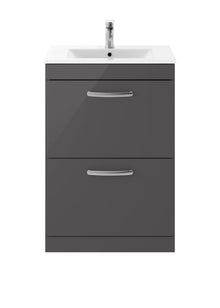 Nui Athena 600mm Floor Standing Cabinet With Basin 2 Contemporary Gloss Grey MFC 883x605x395mm - ATH076B - JJ Building Materials