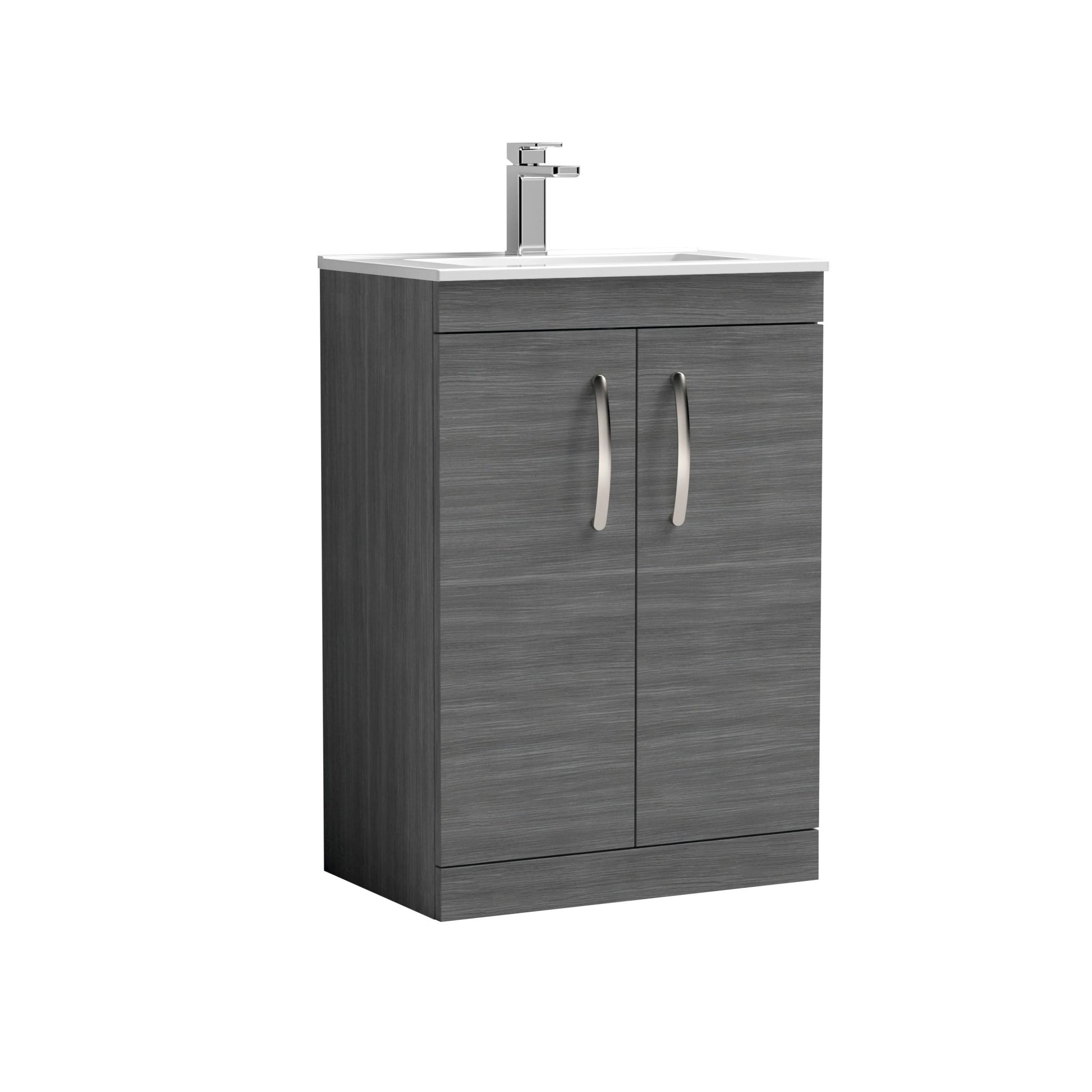 Nui Athena 600mm Floor Standing Vanity With Basin 2 Contemporary Anthracite Woodgrain MFC 883x605x395mm - ATH025B - JJ Building Materials