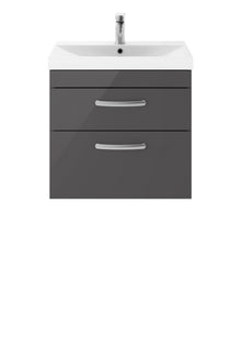 Nui Athena 600mm Wall Hung Cabinet With Basin 3 Contemporary Gloss Grey MFC 589x610x390mm - JJ Building Materials