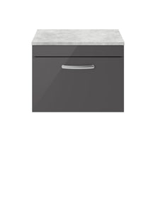 Nui Athena 600mm Wall Hung Cabinet With Grey Worktop Contemporary Gloss Grey MFC Painted Gloss 452x605x390mm - JJ Building Materials