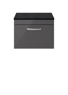 Nui Athena 600mm Wall Hung Cabinet With Sparkling Black Worktop Contemporary Gloss Grey MFC Painted Gloss 452x605x390mm - ATH077LSB - JJ Building Materials