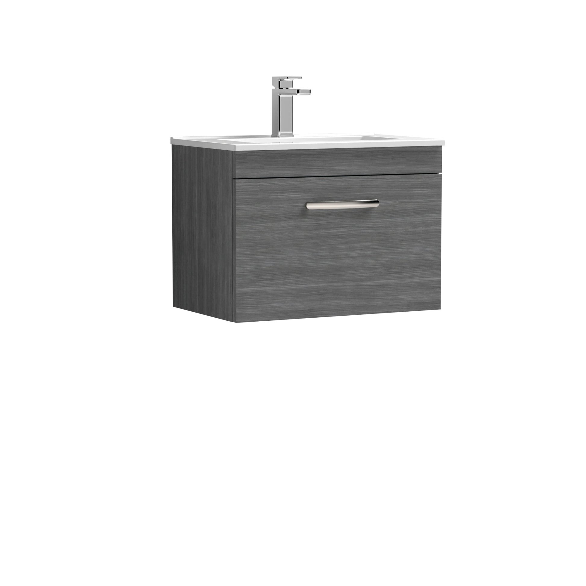 Nui Athena 600mm Wall Hung Vanity With Basin 2 Contemporary Anthracite Woodgrain MFC 448x605x395mm - JJ Building Materials