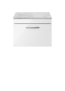 Nui Athena 600mm Wall Hung Vanity With Grey Worktop Contemporary Gloss White MFC Painted Gloss 452x605x390mm - JJ Building Materials