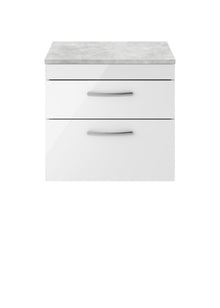 Nui Athena 600mm Wall Hung Vanity With Grey Worktop Contemporary Gloss White MFC Painted Gloss 560x605x390mm - JJ Building Materials