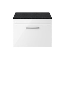 Nui Athena 600mm Wall Hung Vanity With Sparkling Black Worktop Contemporary Gloss White MFC Painted Gloss 452x605x390mm - JJ Building Materials