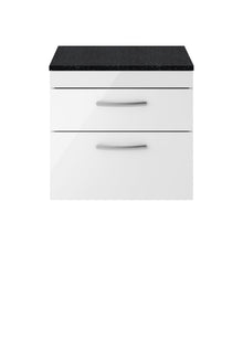 Nui Athena 600mm Wall Hung Vanity With Sparkling Black Worktop Contemporary Gloss White MFC Painted Gloss 560x605x390mm - JJ Building Materials