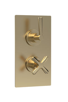 Nui Aztec Twin Thermostatic Shower Valve With Diverter Contemporary Brushed Brass Brass ABS 215x120x138mm - JJ Building Materials