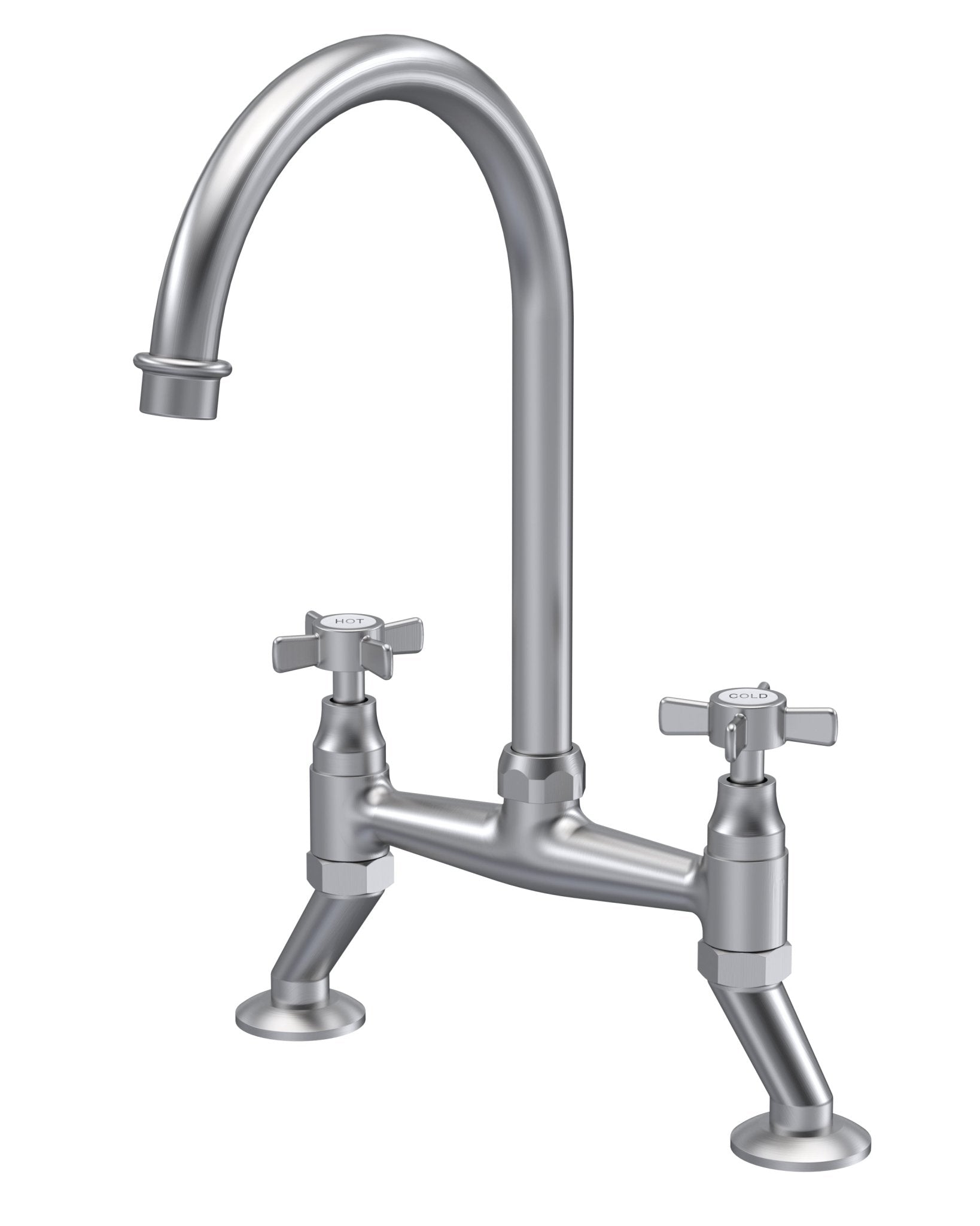 Nui Bridge Sink Mixer Crosshead Traditional Brushed Nickel Brass 510x235x200mm - JJ Building Materials
