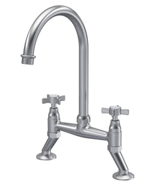 Nui Bridge Sink Mixer Crosshead Traditional Brushed Nickel Brass 510x235x200mm - JJ Building Materials